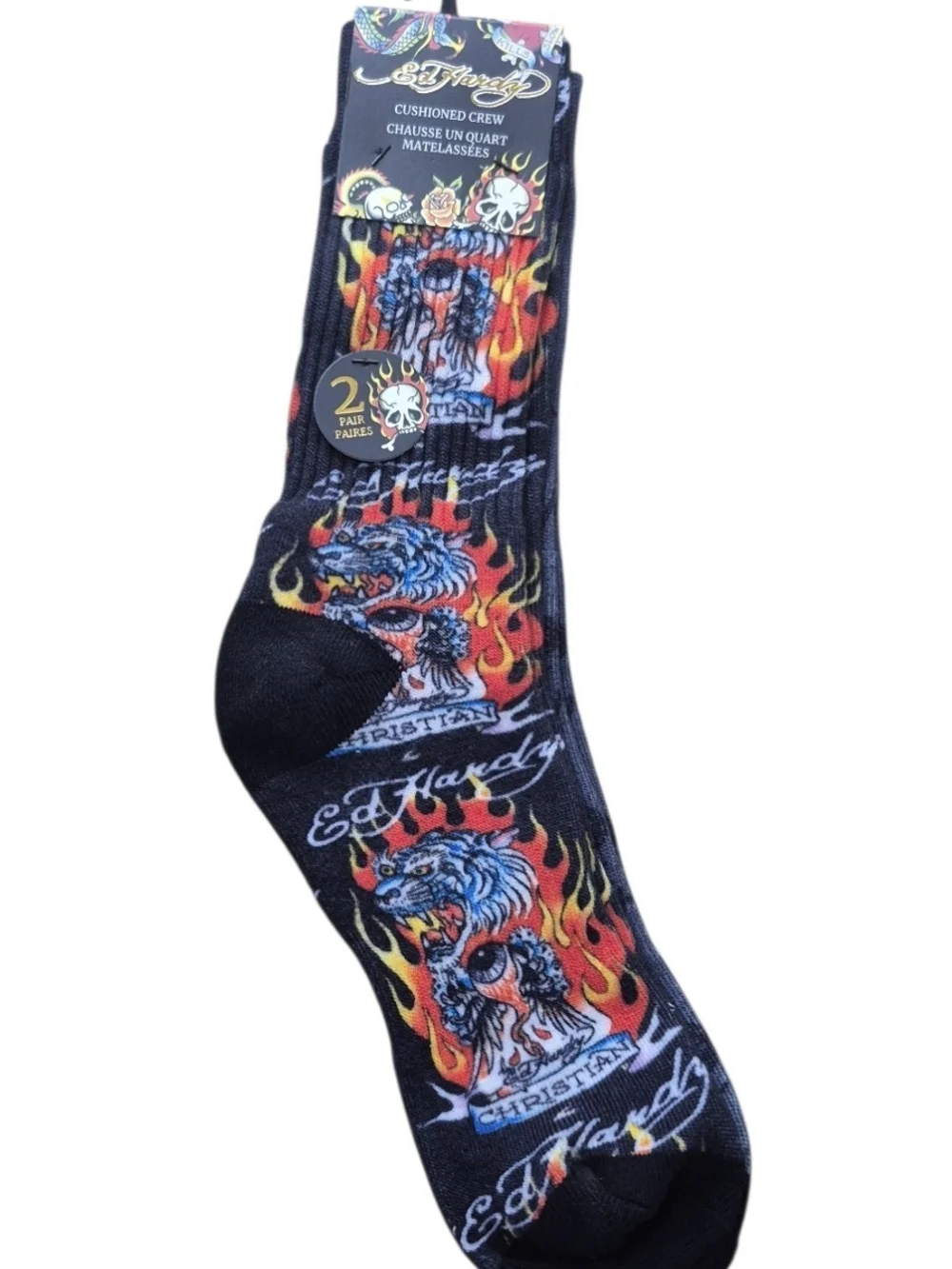 Ed Hardy Men’s Cushioned Crew Socks Tiger Flame 2-Pair Pack NWT